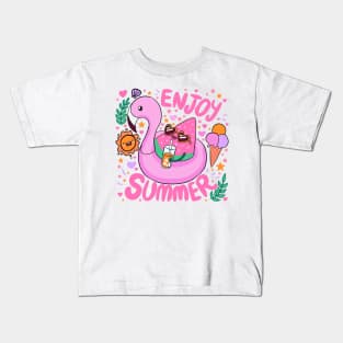 Enjoy Summer a fun summer time vacation design watermelon in a flamingo floaty Kids T-Shirt